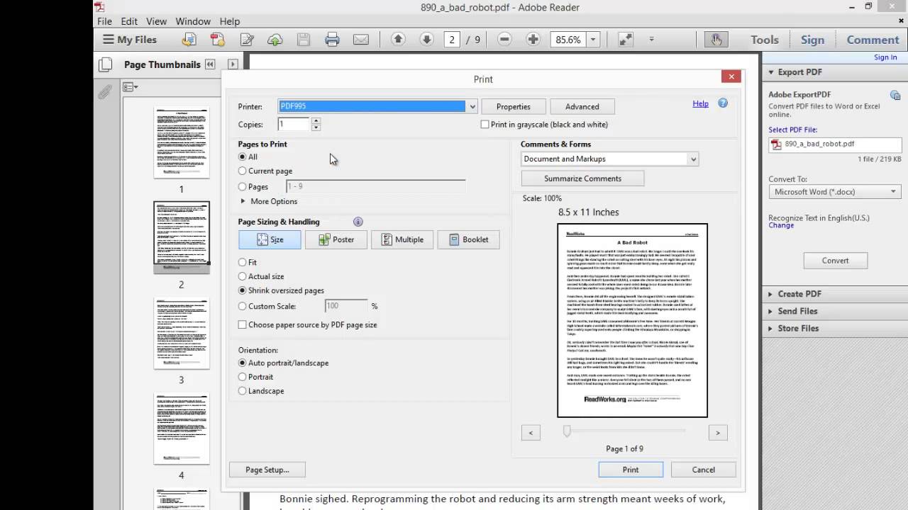 Adobe reader page setup margins greyed out